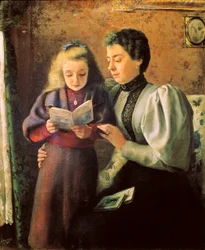 ""Apua lukemiseen"" Yksityiskohta. Nicolas Esparza Perezin (1873-1928) maalaus. joulukuuta 1880 Pamplona. Navarran museo.