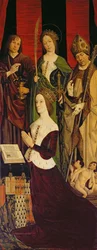Mooseksen ja palavan pensaan triptyykki, oikea paneeli Jeanne de Lavalista (k. 1498) Pyhän Johanneksen, Pyhän Katariinan ja Pyhän Nikolauksen kanssa, n. 1476 (katso myös 26542, 173010 ja 232840)