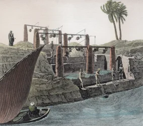 Kerää vettä Niilistä, levy 6 osasta II Arts and Trades of "Description of Egypt", pub. Napoleonin käskystä, 1822 (myöhempi väritys)