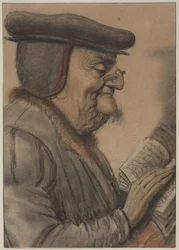 Vanhus lukemassa kirjaa, 1600-luvun alkupuolisko (liitua ja mustaa tussia)