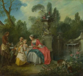Nainen puutarhassa juomassa kahvia lasten kanssa, noin 1742