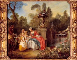Nainen puutarhassa kahvilla lasten kanssa tai kupin suklaata Nicolas Lancretin (1690-1743) maalaus