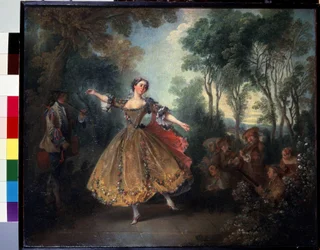 ""Tanssiva camargo"" (Miss Camargo Dancing) Marie Anne de Cupis Camargo kutsui Camargoa (1710-1770) tanssimaan. Nicolas Lancretin (1690-1743) maalaus 1700-luvun alku Koko 45x55 cm Eremitaaši, Pietari