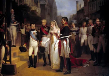 Keisari Napoleon Bonaparte (1769-1821) otti Preussin kuningatar Louisen vastaan Tilsitissä (Tilsitt) 6.7.1807. Portaissa odottaa diplomaatti Talleyrand. Nicolas Louis Gossen (1787-1878) maalaus 1837 su. 3,51x4,92 m Versailles, musee du Chateau - The