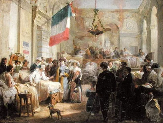 Kuningatar Marie-Amelie (1782-1866) Haavoittuneiden luona Ambulance de la Boursessa, 25. elokuuta 1830