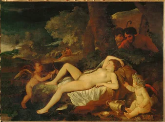 Venus ja Amor makuuasennossa (öljy kankaalle)