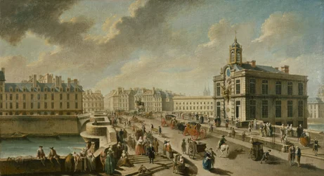 Pont-Neuf ja Samaritaine-pumppu Quai de la Mégisserie -kadulta katsottuna.