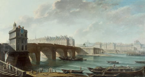 Samaritaine-pumppu, Pont-Neuf, Ile de la Cite ja Conti-laituri nähdään Louvren laiturilta ennen vuotta 1771 (öljy kankaalle)