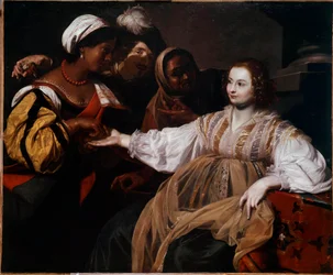 Ennustaja Eräs nainen tuli käymään kädenlääkärin vastaanotolla. Nicolas Regnierin (1591-1667) maalaus Sun. 1,2x1,5 m