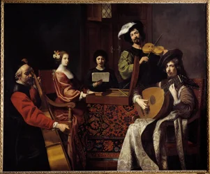 Barokkimusiikki: "Konsertti". Muusikot soittavat jousisoittimia. 1600-luku. Mitat: 1,88 x 2,26 m