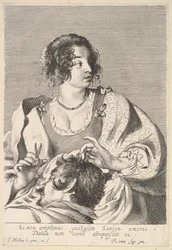 Delilah valmistautuu leikkaamaan Simsonin hiuksia saksilla oikeassa kädessään, rintojensa alapuolella..., n. 1629.