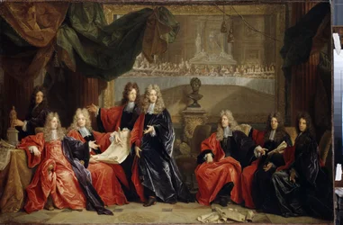 Pariisin kaupungin provostit ja maistraatit keskustelemassa Aurinkokuninkaana (1638-1715) tunnetun kuningas Ludvig XIV 14:n juhlaillallisesta Hôtel de villessä hänen entisöinnin jälkeen vuonna 1687 (Pariisin provosti ja kunnalliset tuomarit keskustelevat L
