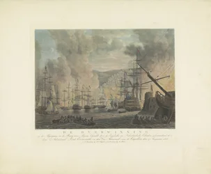 Algerin pommitukset 1816 Englantilaisten ja hollantilaisten laivueiden voitto Algerianlahdella, amiraali Lord Exmouth ja Capellenin vara-amiraali, 27. elokuuta 1816 (otsikko obj:ssa)