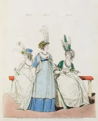 Iltapuvut oopperaan ja konserttiin, kuva. 96, 97 ja 98 Nikolaus Heideloffin "Gallery of Fashionista", toukokuu 1796 (tulostus)