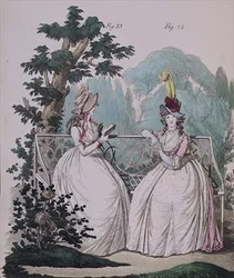 Aamupuku, viikunoita. 23 ja 24, Nikolaus Heideloffin "Gallery of Fashion", osa I, syyskuu 1794 (painettu)
