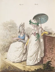 Aamupuvut, viikunat. 111 ja 112 Nikolaus Heideloffin "Gallery of Fashion" -julkaisusta, osa II, syyskuu 1796 (tulostus)