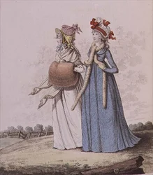 Aamupuvut, viikunat. 78 ja 79 Nikolaus Heideloffin "Gallery of Fashion" -julkaisusta, Vol II, joulukuu 1795 (tulostus)
