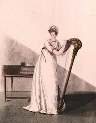 Nuori nainen harpulla Heideloffin "Gallery of Fashionista", 1800-luvun alku (värillinen kaiverrus)
