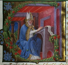 Pyhän Augustinuksen kirjoitusminiatyyri, Nicolo Polani, otettu Pyhän Augustinuksen Hippolaisen (354-430) teoksesta "" De civitate dei" (Jumalan kaupunki). 1459. Paris, Bibliotheque sainte Genevieve
