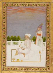 Aatelismies, mahdollisesti Mir Qasim, istuu terassilla palvelijan kanssa, 1700-luku