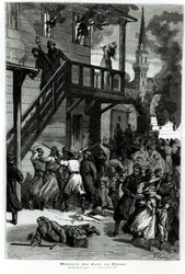 Juutalaisten teurastus Venäjällä, kaiverrus Gustave Voulquin (fl.1880-90) Le Journal Illustresta, kesäkuu 1881 (bw kuva)