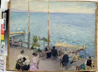 Genevejärvi, Geneve (Sveitsi), kahvila. (Genevejärvi. Kahvila). Taidemaalari Nikolai Aleksandrovich Klodt (1865-1918), öljy kankaalle