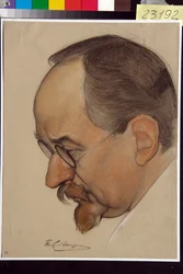 Georgi Vasilyevich Tchitcherinen (1872-1936) muotokuva - Nikolai Andreevich Andreevin (1873-1932) työ, veri ja liitu paperille (32,4x24,1 cm)