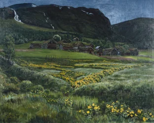 Kesäkuun yö ja vanha Länsi-Norjan piha (öljy kankaalle)