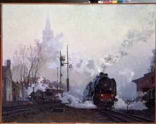 Tiellä (On the Way). Höyryveturit hukuttavat kaupunkimaiseman savupiipuistaan. Nikolai Dmitrijevitš Kuznetsovin (1923-1974) maalaus öljy kankaalle