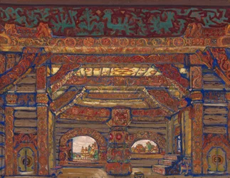 Tsaari Berendeyn palatsi. Lavastus A. Ostrovskin teatterinäytelmään Snow Maiden, 1912