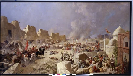 Venäjän armeija hyökkää Samarkandiin (Uzbekistan) (Venäjän armeija hyökkäsi Samarkandiin). Venäjän laajentumisaika Keski-Aasiaan, venäläiset valtaavat Samarkandin 1868. Nikolai Nikolajevitš Karasinin (1842-1908) maalaus, öljy kankaalle 1888. Taide