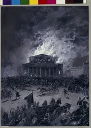Bolshoi-teatterin tulipalo Moskovassa (Venäjä), 11. maaliskuuta 1853 (väkijoukon liike rakennuksen edessä ja palomiesten saapuminen) - Nikolai Nikolajevitš Karasinin (1842-1908) teos, guassi paperille - venäläinen taide , toinen 1800-luvun puoliväli - St