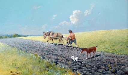 ""llaurant"" Camperol llaurant el seu camp, Rússia Pintura de Nikolai Nikolayevich Karasin (1842-1908) 1899 Dim 16,5x27,5 cm Col·lecció privadafinès
