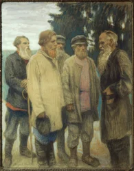 Leo Tolstoj maanviljelijöiden kanssa / Bogdanow-Bjelskin pastelli