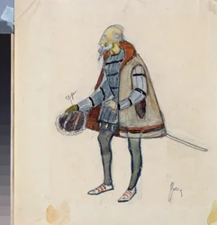 Valmisteluasu, Miserly Knight, Aleksanteri Pushkinin (1799-1837) teatterinäytelmään "The Avare Knight" (Pushkinin teatterinäytelmän "The Miserly Knight" pukusuunnittelu) - Nikolai Pavlovich Uljanovin (Uljanov) teos ( 1875-1949), cra