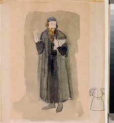 Valmisteleva puku, koronkiskontaja, Aleksanteri Pushkinin (1799-1837) teatterinäytelmään "Avare-ritari" (Pushkinin teatterinäytelmän "The Miserly Knight" pukusuunnittelu) - Nikolai Pavlovich Uljanovin (Uljanov) teos (1875) -1949), kynä ja