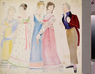 Alustavia pukuluonnoksia, mies ja neljä nuorta naista, Pjotr Tšaikovskin (1840-1893) oopperaan "Jevgeni Onegin" - Nikolai Pavlovich Ulyanov (Oulianov) (1875-1949)
