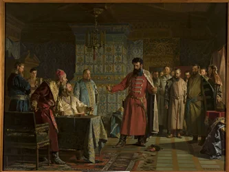La querelle de Zakhary Petrovich Lyapunov (mort apres 1612) avec le tsaari Vassili IV Chouiski (1552-1612) au Kremlin - Zakhary Lyapunovin riita tsaari Vasili Shuiskin kanssa Kremlissä, kirjoittanut Nevrev, Nikolai Vasilyev 9 (18 Nikolai Vasilyev 0-9). Ölj