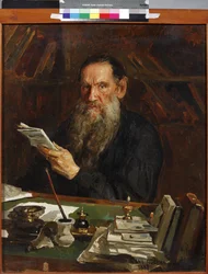 Leon Tolstoi - Muotokuva kirjailijasta Kreivi Lev Nikolajevitš Tolstoi (1828-1910), Orlow, Nikolai Vasilievich (1863-1924). Öljy kankaalle, 1800-luvun loppu. Valtion kirjallisuuden keskusmuseo, Moskova