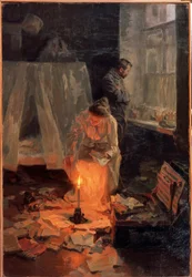 The Dissolution. Sotkuisessa sisustuksessa, pariskunta, nainen polttaa asiakirjoja kynttilän liekissä, kun taas mies seisoo ikkunan edessä mietteliään näköisenä. Nikolai Aleksejevitš Kasatkin (Kasatkin) maalaus (1859-1930),
