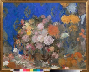 Nature morte avec autoportrait - Asetelma omakuvalla - Nikolai Nikolajevitš Sapunov (Sapunov) (1880-1912) työ, tempera pahville