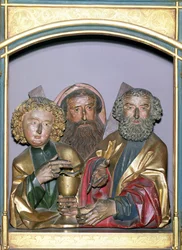 SS:n puiset kaiverrukset. John, Andrew ja Peter, Isenheimin alttaritaulun predellasta, n. 1490 (maalattu puu)