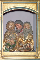SS:n puiset kaiverrukset. Paul, Matthew ja Thomas, Isenheimin alttaritaulun predellasta, n. 1490 (maalattu puu)