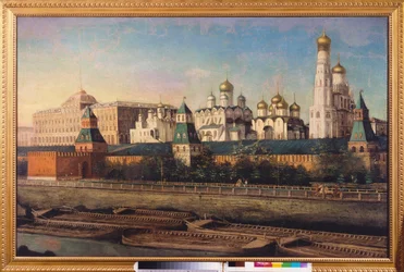 Näkymä Moskovan Kremlistä. Nikolai Ivanovitš Podkljutšnikovin (1813-1877) maalaus öljy kankaalle. 1800-luvun venäläinen taide. Valtion United Museum Center Kremlissä, Moskova.