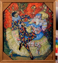 Harlequinade (Harlequinade) - Nikolai Nikolajevitš Chernov Krauzen (Chernov-Krauze) (1875-1941) teos, tempera pahville