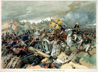 Borodinon taistelu, 7. syyskuuta 1812 (26. elokuuta 1812), Ranskan kolmas hyökkäys (tai Moskovan taistelu Napoleonin suuren armeijan ja Venäjän joukkojen välillä Venäjän kampanjan aikana) - Nikolai Semjonovitš Samokishin (1860-194) teos