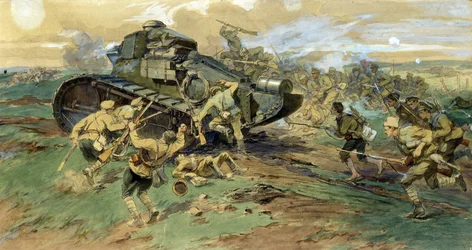 Panssarin vangitseminen Krimillä. Taistelukohta Venäjän sisällissodan aikana (1917-1923), jossa vastustettiin valkoista armeijaa punakaartiin. Nikolai Semjonovitš Samokishin (1860-1944) työ, akvarelli paperille
