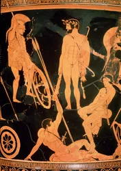 Herakles ja kreikkalaiset sankarit, yksityiskohta Attikan punahahmoisesta verhiökraterista, noin 490 eKr. (keramiikka) (katso myös 92577 ja 19106)
