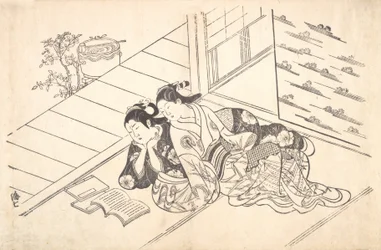 Kaksi naista makaamassa huoneen lattialla ja lukemassa kirjaa, n. 1730, n. 1730.