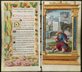 Viereisiä lehtiä tuntikirjasta: Katumuksen psalmit ja kuningas Daavid rukouksessa..., n. 1530-35.
